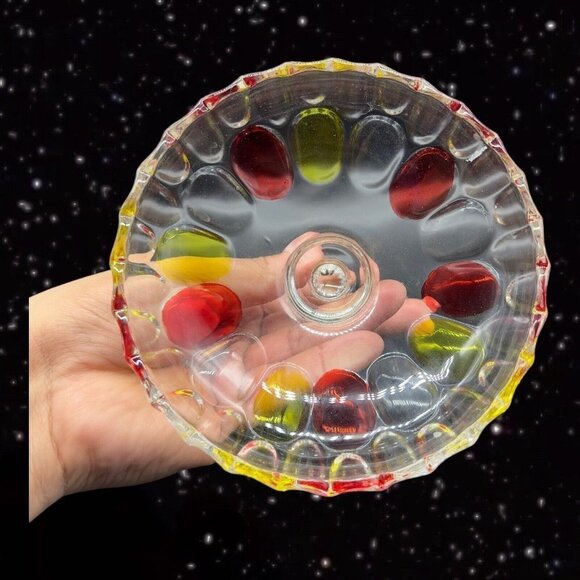 Flashed Art Glass Covered Dish Bowl W Lid Thumbprint Pattern Red Yellow 7”T 5.5” - Picture 6 of 10